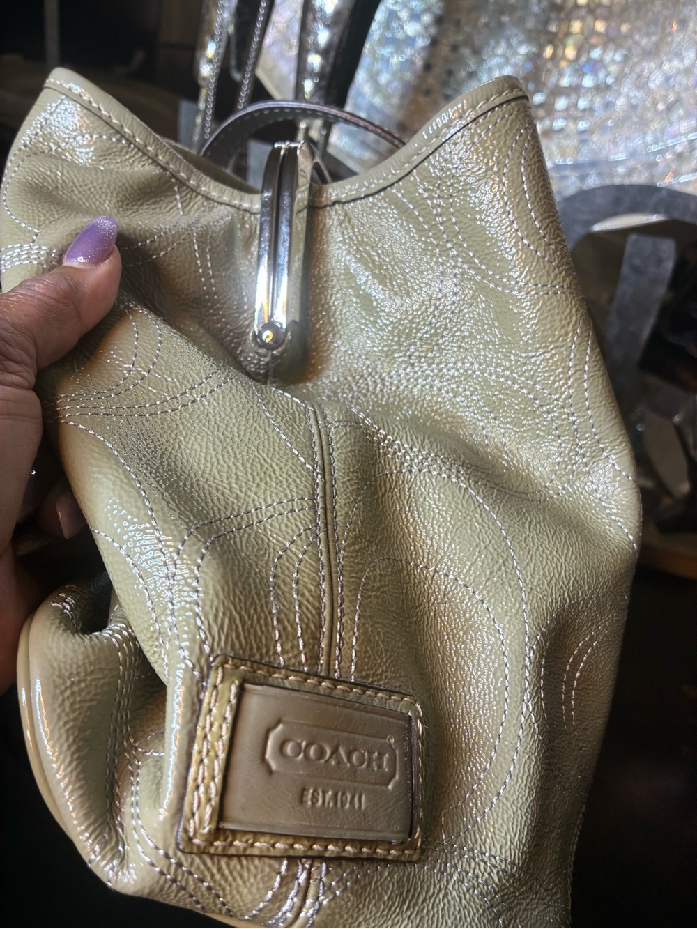 Coach Kiss-lock Patent Leather Tote, khaki Green - Picture 7 of 16